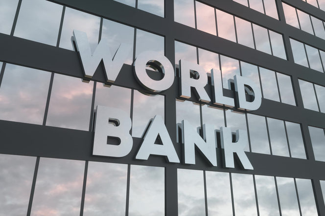 World Bank sign on a modern glass skyscraper. World Bank glass building. 3d rendering