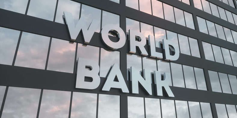 World Bank sign on a modern glass skyscraper. World Bank glass building. 3d rendering
